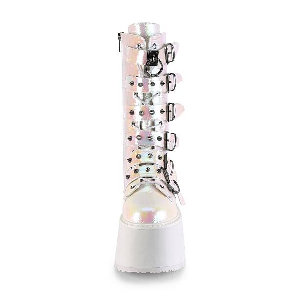 Demonia Women's Damned-225 Platform Mid Calf Boots - Pearl Iridescent Vegan Leather D9581-04US Clearance